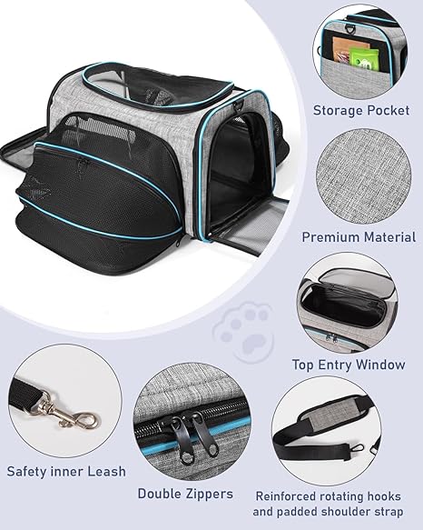 Siivton Cat Carrier,2 Sided Expandable Pet Carrier for Travel,Collapsible Soft-Sided Carriers with Removable Fleece Pad and Shoulder Straps,Airline Approved(17.5"x 11"x 11")