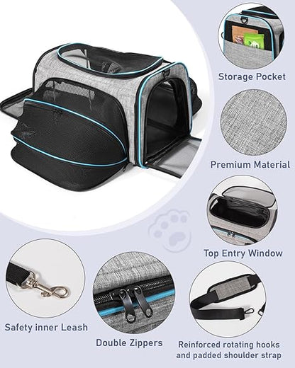 Siivton Cat Carrier,2 Sided Expandable Pet Carrier for Travel,Collapsible Soft-Sided Carriers with Removable Fleece Pad and Shoulder Straps,Airline Approved(17.5"x 11"x 11")