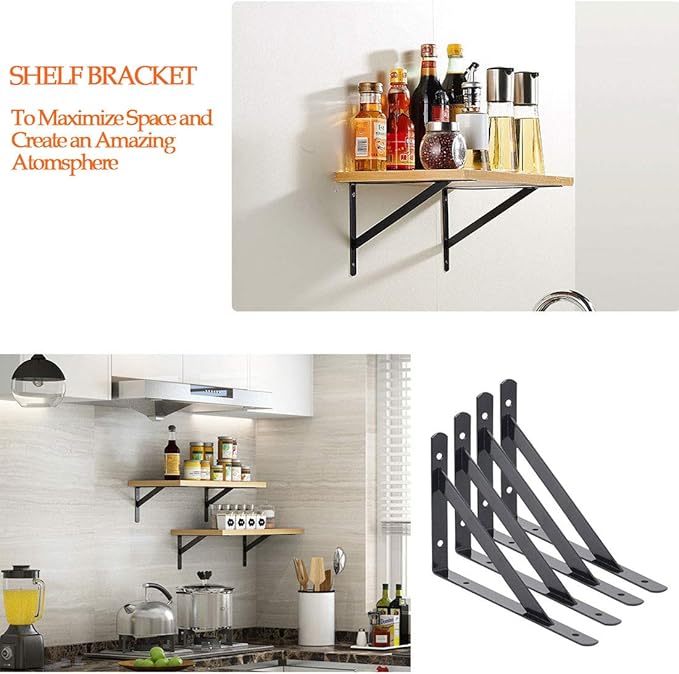 8Pcs Shelf Brackets Heavy Duty Triangle Shelving Brackets Right Angle Wall Mounted Shelf Supporters, Black 6 Inch