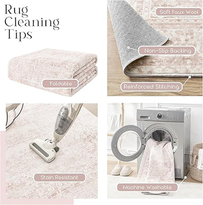 Light Pink Bedroom Rugs 6x9 Aesthetic Cute Boho Floral Feminine Soft Faux Wool Machine Washable Carpet Area Rugs for Kids Room Playroom Office
