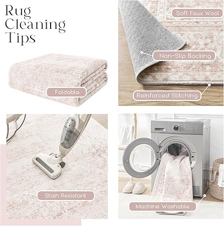 Light Pink Bedroom Rugs 6x9 Aesthetic Cute Boho Floral Feminine Soft Faux Wool Machine Washable Carpet Area Rugs for Kids Room Playroom Office