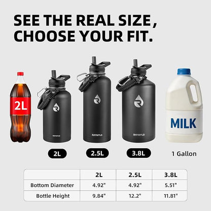 RAYMYLO One Gallon Water Bottle Insulated, Triple Walled Vacuum Stainless Steel (Cold for 48 Hrs), Leak Proof & Non-BPA, Large Water Flask Jug with Paracord Handle & Straw Spout Lids