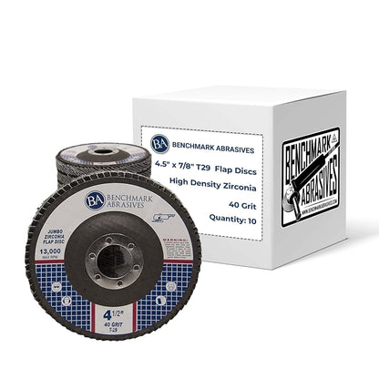 Benchmark Abrasives 4.5" x 7/8" Premium High Density Jumbo Zirconia Type 29 Flap Discs 4 1/2 for Angle Grinder, Sanding Discs, Finishing - Grinding Wheels 4 1/2 Inch (5 Pack) - 40 Grit
