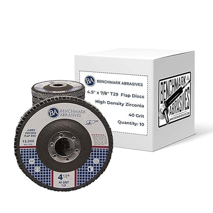 Benchmark Abrasives 4.5" x 7/8" Premium High Density Jumbo Zirconia Type 29 Flap Discs 4 1/2 for Angle Grinder, Sanding Discs, Finishing - Grinding Wheels 4 1/2 Inch (10 Pack) - 40 Grit