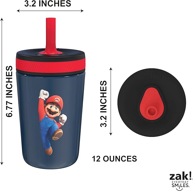 Zak Designs The Super Mario Bros. Movie Kelso Toddler Cups For Travel or At Home, 12oz Vacuum Insulated Stainless Steel Sippy Cup With Leak-Proof Design is Perfect For Kids (Mario)
