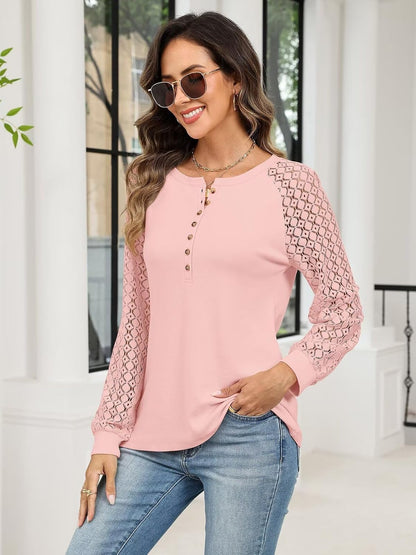 Medium TICTICMISS Women's Lace Long Sleeve Shirts Henley Crewneck Tops Business Casual Fall Blouses
