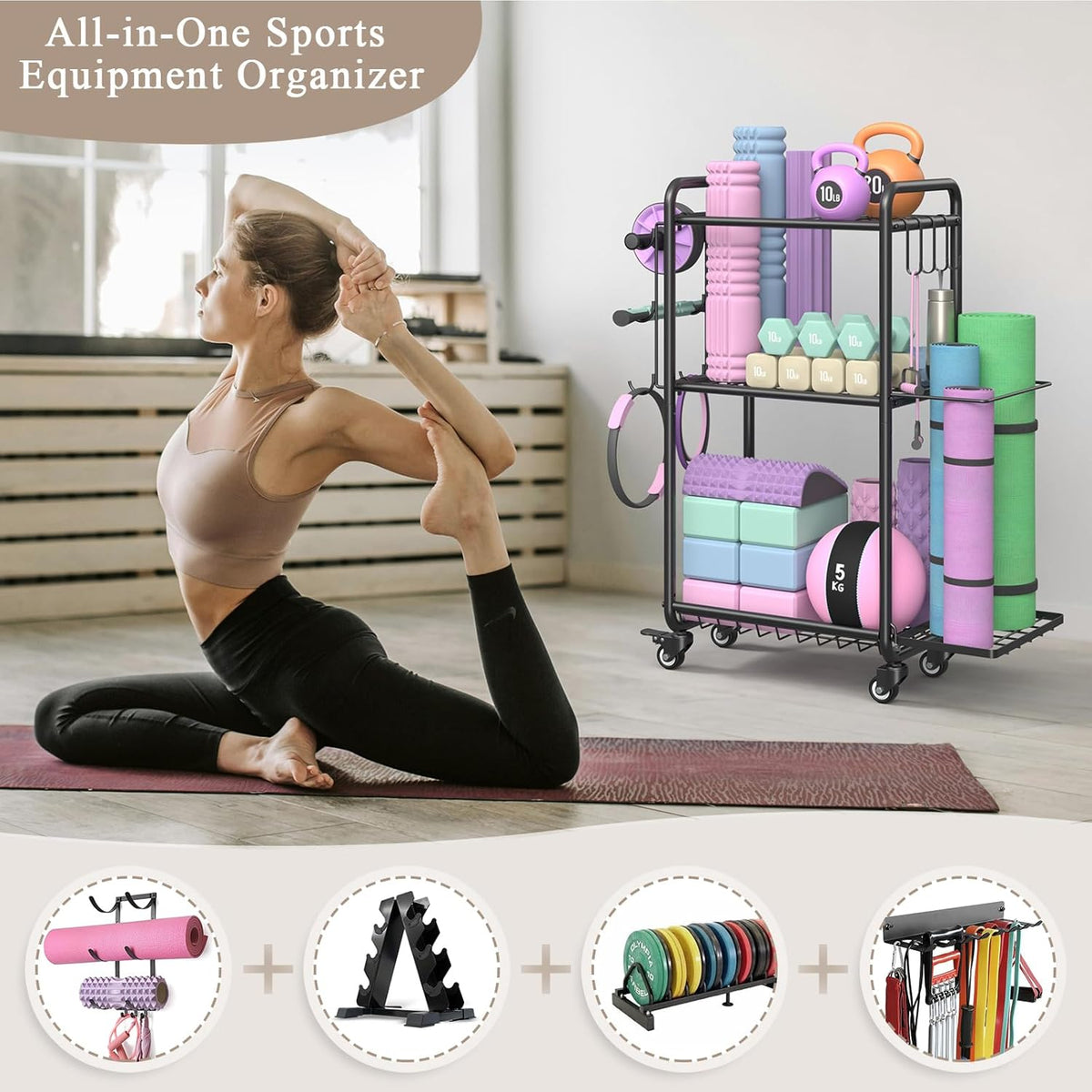 Multi-Functional Home Gym Storage Rack - Yoga Mat Storage Rack, Dumbbell Weight Rack & Workout Equipment Storage with Heavy-Duty Steel Construction for Gym Fitness Organizer