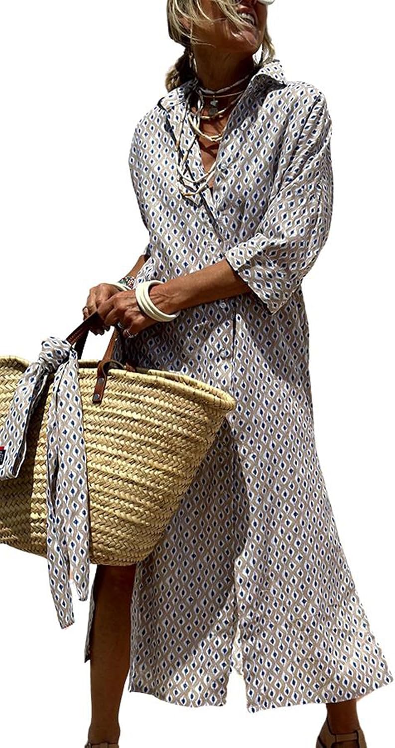 utcoco Womens 2026 Shirt Dress Casual Lapel 3/4 Sleeve Button Down Split Belted Vacation Maxi Dress