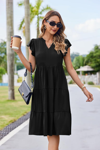 Hount Women's Summer Casual Dress 2026 V Neck Ruffle Sleeve Midi Sundress Flowy Tiered Hawaiian Beach Dresses with Pockets