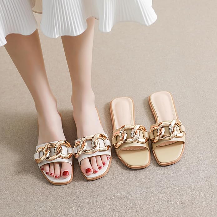 Zeberfi Women's Metal Chain Flat Slide Sandals Fashion Square Open Toe Single Band Slippers for Summer