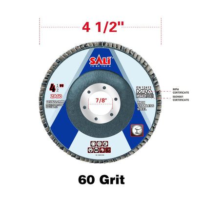 Sali 10 Pack Zirconia Flap Disc 60 Grit 4.5" x 7/8-Inch Sanding Disc Bevel Type #29 Premium and Industrial Grade Angle Grinder Grinding Wheel High Performance Edge Grinding