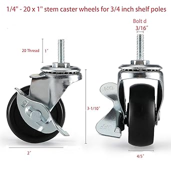 2 inch Heavy Duty Casters Set of 4, Rubber Stem Wheels for Wire Shelving