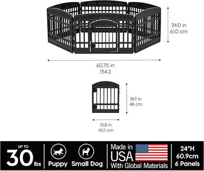 IRIS USA 24" 6-Panel Dog Playpen with Door, 61 x 61 x 24, Puppy Playpen, Dog Play Pen Indoors, Pet Fence, SmallMedium Pets, Black