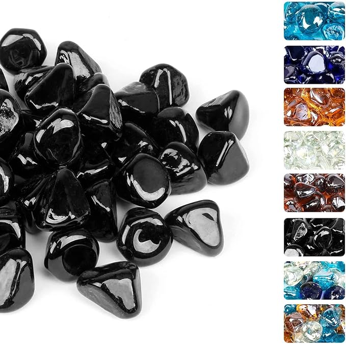 GRISUN Onyx Black Fire Glass Diamonds for Fire Pit, 1 Inch High Luster Reflective Tempered Glass Rocks for Natural or Propane Fireplace, Safe for Outdoors and Indoors Firepit Glass, 20 Pounds