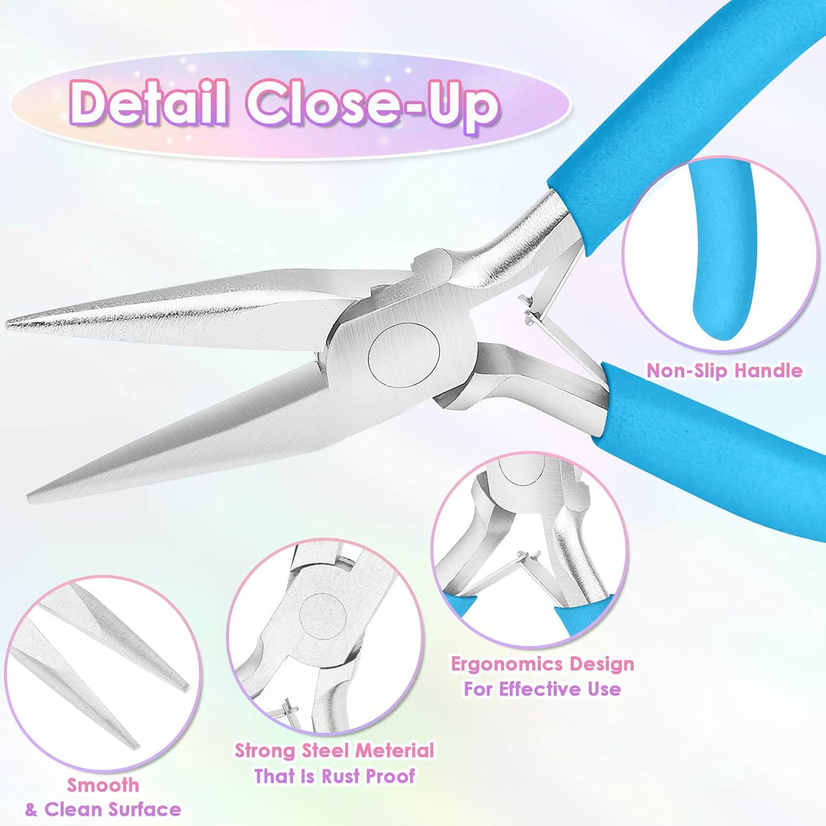 This premium pliers set includes needle nose, round nose, and wire cutters - perfect for all your jewelry projects, repairs, and crafting needs.