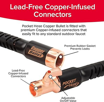 Pocket Hose Copper Bullet Expandable Garden Hose 25 FT w10 Pattern Thumb Spray Nozzle AS-SEEN-ON-TV 650psi 34 in Patented Lead-Free Ultra-Lightweight Solid Copper Anodized Aluminum Fittings No-Kink