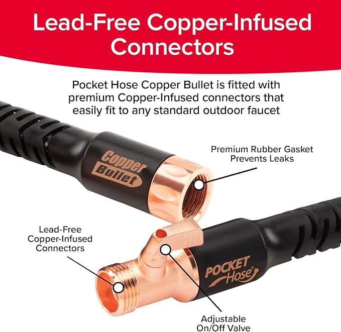 Pocket Hose Copper Bullet Expandable Garden Hose 50 FT w/10 Pattern Thumb Spray Nozzle AS-SEEN-ON-TV 650psi 3/4 in Patented Lead-Free Ultra-Lightweight Solid Copper Anodized Aluminum Fittings No-Kink