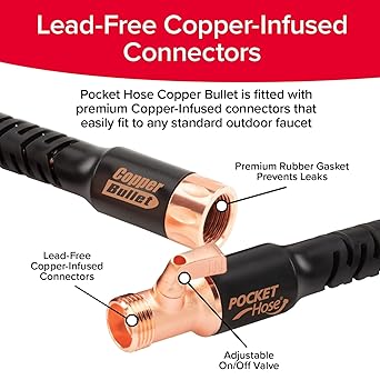 Pocket Hose Copper Bullet Expandable Garden Hose 100 FT w10 Pattern Thumb Spray Nozzle AS-SEEN-ON-TV 650psi 34 in Patented Lead-Free Ultra-Lightweight Solid Copper Anodized Aluminum FittingsNo-Kink