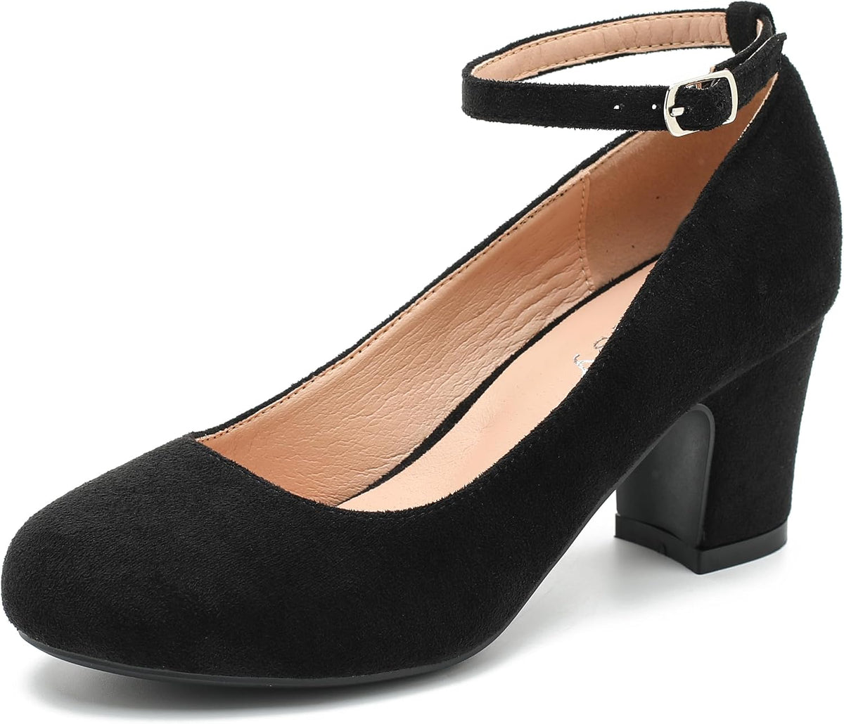 Women's Ankle Strap Low Block Chunky Heels Pumps Closed Round Toe Dress Wedding Office Work Church Shoes