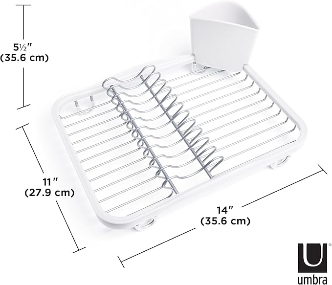 Umbra Sinkin Dish Drying Rack  Drainer Caddy with Removable Cutlery Holder  Use In Sink or On Counter, Standard, WhiteNickel