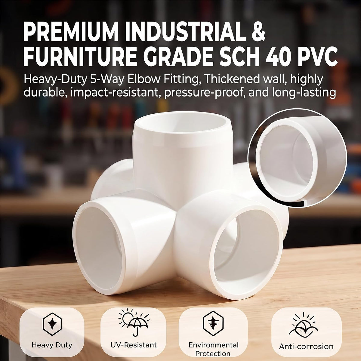 6Pack 1-1/2”PVC Fittings 5-Way Side Outlet Elbow Fitting for Furniture 5 Way PVC Pipe Fitting SCH40 Grade Side Outlet Tees 90 Degree Corner Elbow Fittings for Greenhouse Frame Tent Connections