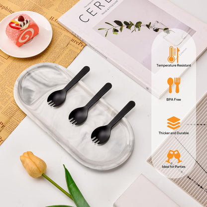 100Pcs Mini Plastic Spork, 4.2 Inch Individually Wrapped Disposable Cutlery, Small Black Fork Spoon Combo for Desserts, Ice Cream, Cakes, Appetizer, To-Go & Party Use