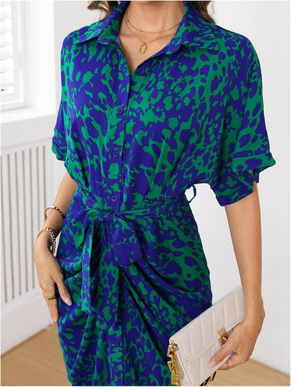 Large, MakeMeChic Women's High Waist Belted Shirt Dress High Split Printed Collar Neck Short Sleeve Midi Dress