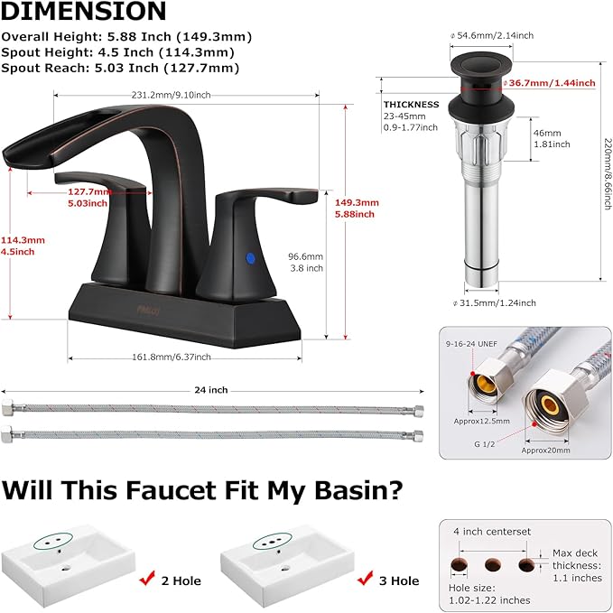 PARLOS Waterfall Spout 2 Handles Bathroom Faucet with Metal Pop-up Drain and Faucet Supply Lines, Oil Rubbed Bronze, Doris 14069