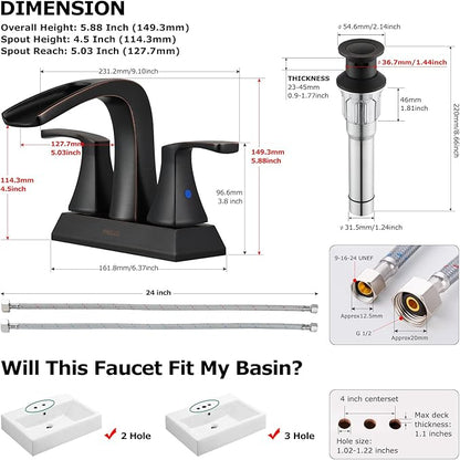 PARLOS Waterfall Spout 2 Handles Bathroom Faucet with Metal Pop-up Drain and Faucet Supply Lines, Oil Rubbed Bronze, Doris 14069