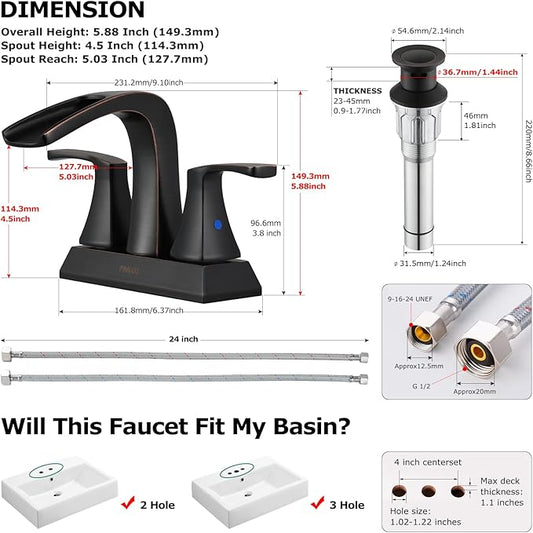 PARLOS Waterfall Spout 2 Handles Bathroom Faucet with Metal Pop-up Drain and Faucet Supply Lines, Oil Rubbed Bronze, Doris 14069
