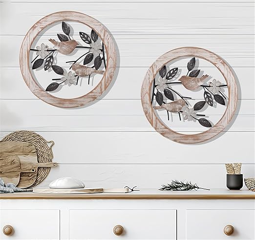 2 Pieces Ultra-thick Farmhouse Wall Decor Bird on Tree Branch Kitchen Wall Decor Rustic Wood Bird Wall Art for Outdoor Kitchen Bathroom Bedroom Living Room 11.8 * 11.8inch