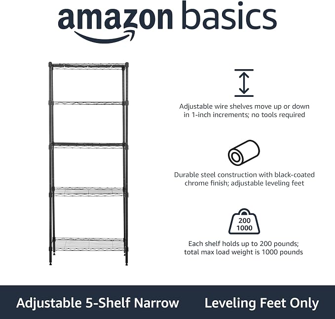 Basics 5-Shelf Multipurpose Adjustable Steel Garage Shelving Unit, Storage Rack for Kitchen, 200 lbs Per Shelf, Easy Assembly, 13.4"D x 23.2"W x 60"H, Black