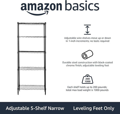 Basics 5-Shelf Multipurpose Adjustable Steel Garage Shelving Unit, Storage Rack for Kitchen, 200 lbs Per Shelf, Easy Assembly, 13.4"D x 23.2"W x 60"H, Black