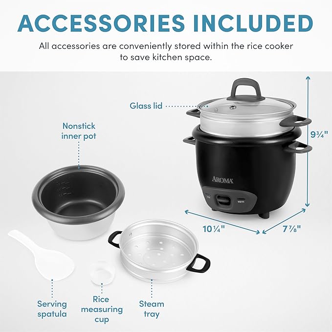 Aroma Housewares 6-Cup (Cooked) Pot-Style Rice Cooker and Food Steamer, Black ARC-743-1NGB