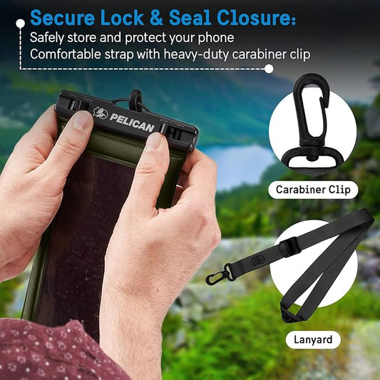 Pelican Marine - IP68 Waterproof Phone Pouch (Regular Size) Floating Waterproof Phone Case - Beach Cruise Ship Travel Essentials - Works with All Phones - Detachable Lanyard - Olive Green