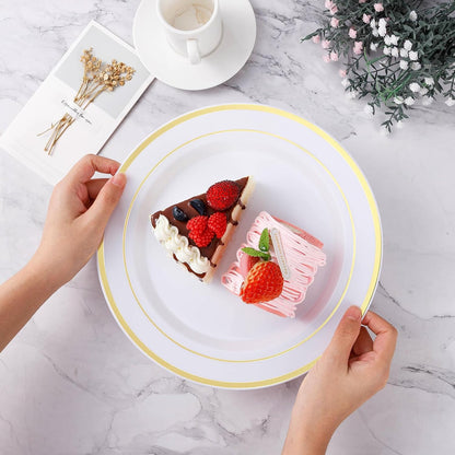 BESTVIP 25PCS Gold Plastic Plates, 10.25 Inch Disposable Dinner Plate Party with Gold Rim, Heavy Duty Disposable Plastic Plates for Christmas, Thanksgiving, Party, Wedding and Birthday
