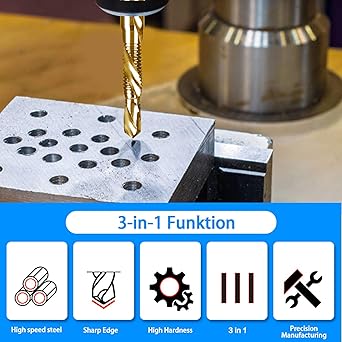6-pc 12-24NC Combination Drill Tap Bit Set SAE, 12-24NC Thread Size, Titanium Coated High-Speed Steel, Ideal for Drilling Threading and Countersinking in Soft Metal Wood and Plastic, 14 Hex Shank