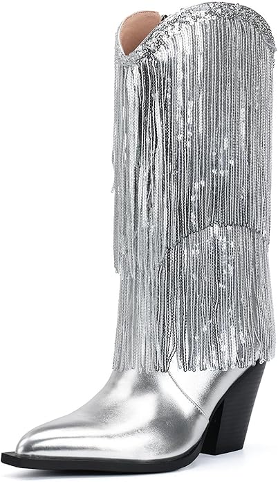 VARECOLA Fringe Western Cowboy Boots Metallic Cowgirl Boots for Women Pointed Toe Mid Calf Boots Fashion Party Boots