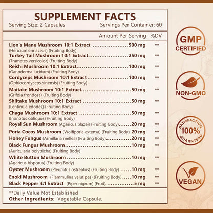 NATURE TARGET 14-in-1 Mushroom Supplement - Mushroom Complex with Lion's Mane, Cordyceps, Reishi & Turkey Tail - Caffeine-Free Energy, Memory & Immune Support - Vegan, 120 Capsules