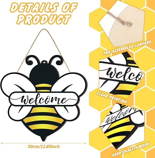 Shellwei Wood Welcome Sign, Bee Theme, Front Door Decor, 12 x 12 inches, Signage, Modern Style, Indoor & Outdoor Usage