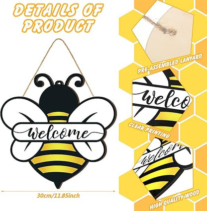 Shellwei Wood Welcome Sign, Bee Theme, Front Door Decor, 12 x 12 inches, Signage, Modern Style, Indoor & Outdoor Usage
