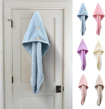 Microfiber Towel for Hair with Bear Button Super Absorbent Hair Towel Fast Hair Drying Towel Turban Wrap 9.84 Inch X 25.5 Inch Dry Hair Cap for Women Bath Shower Makeup (C)