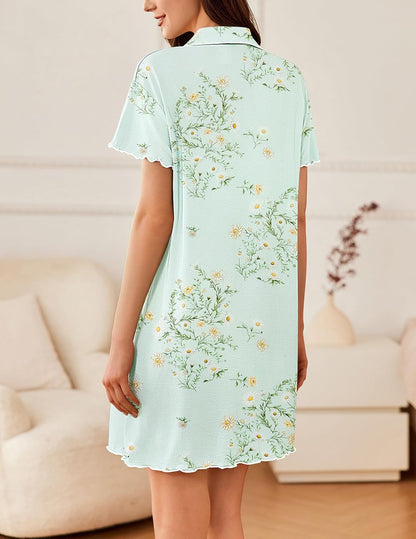 Ekouaer Nightgowns for Women Button Down Sleep Shirt Short Sleeve Sleepwear | Ladies Night Gowns Classic Night Shirt Casual Pajama Dress for Sleep, Wedding, Party, Labor, Delivery, Maternity, Nursing