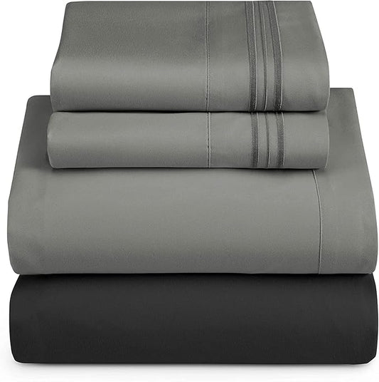 Nestl King Sheets Set - 4 Piece King Size Bed Sheets, Extra Soft, Double Brushed Bedding for King Size, Reversible Black/Grey Set, Grey Fitted Sheet, Grey Flat Sheet, Black/Grey Pillow Case