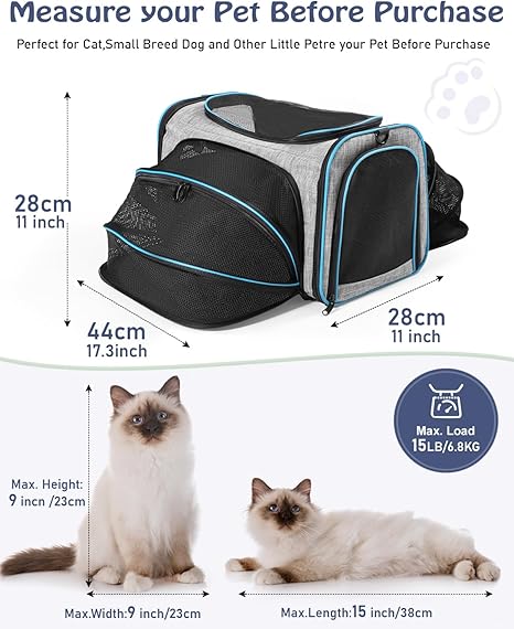 Siivton Cat Carrier,2 Sided Expandable Pet Carrier for Travel,Collapsible Soft-Sided Carriers with Removable Fleece Pad and Shoulder Straps,Airline Approved(17.5"x 11"x 11")
