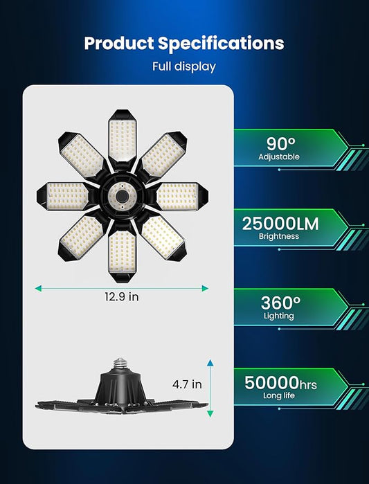 LED Garage Lights - 250W Garage Lights Ceiling LED with 8 Adjustable Panels, 25000LM Deformable LED Shop Light for Garage, Basement, Barn, High Bay Light, Support E26E27 Screw Socket (4 Pack)