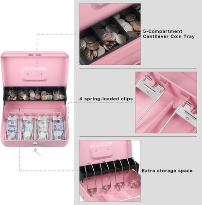 Cash Box with Money Tray and Key Lock,Tiered, Cantilever Design,4 Bill / 5 Coin Slots,11.8" x 9.5" x 3.5",Pink