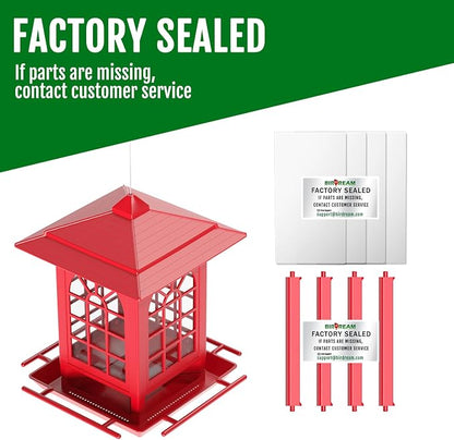 Birdream Bird Feeders for Outdoor Hanging, Assembly Required, 1-Min Easy Setup, Classic Courtyard Design, Attracting Cardinals Chickadees Goldfinches & Sparrows - Red