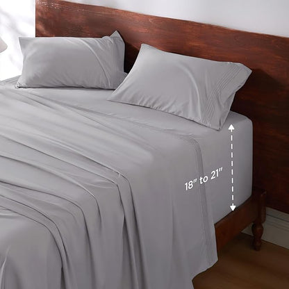 Bedsure GentleSoft Deep Pocket Full Size Bed Sheets Set - Fits Mattresses Up to 21 Inches Thick - 4 Piece Bed Sheets, Moisture Wicking, Cooling Bedsheets  Pillowcases, Easy  Secure Fit, Light Grey