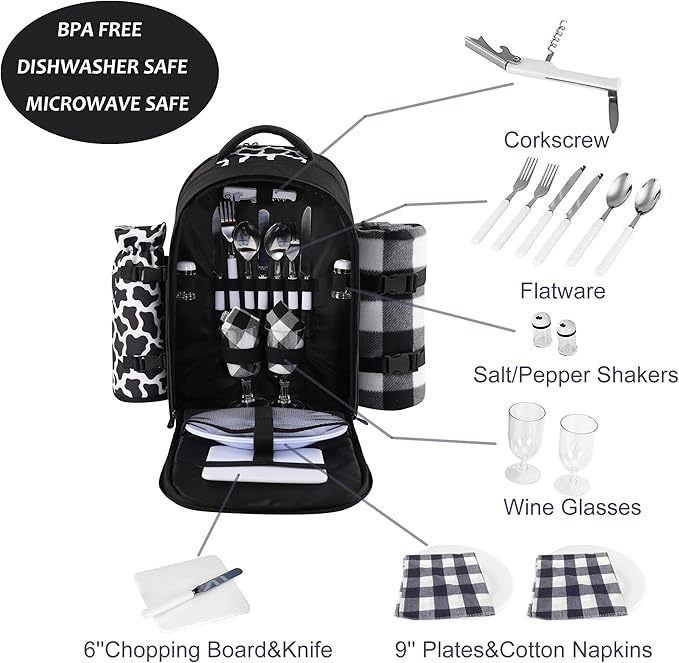 apollo walker Picnic Backpack Bag for 2 Person with Cooler Compartment, Detachable BottleWine Holder, Fleece Blanket, Plates and Cutlery Set (2 Person, Black)